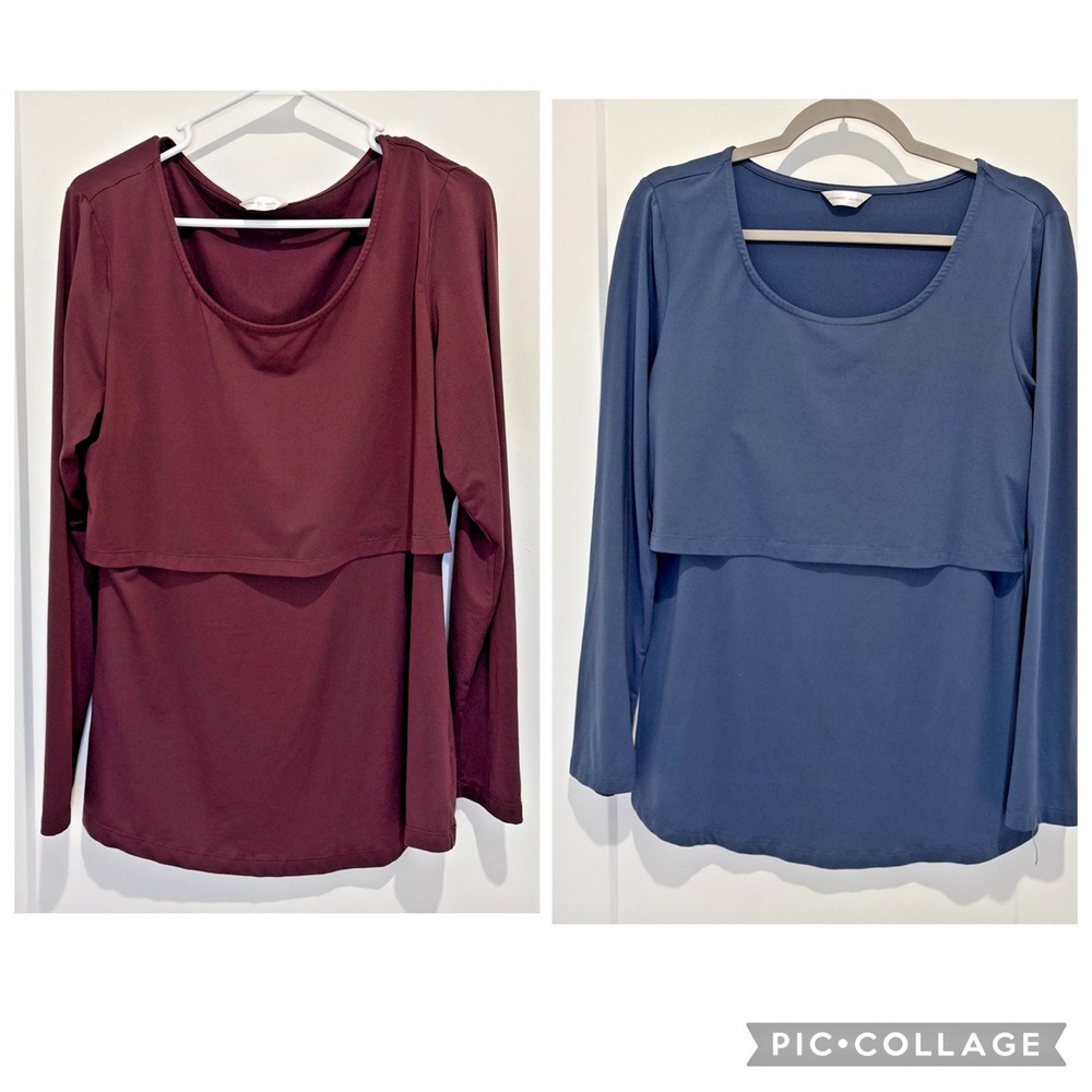 (2) Kindred Bravely Nursing Tops XL Maroon Blue Long Sleeve Maternity Comfort